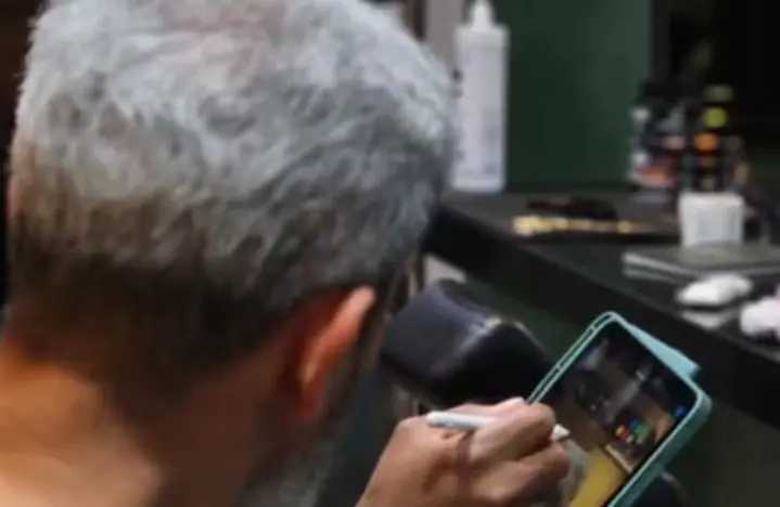 Profissional analisando o rosto do cliente durante a consultoria de visagismo